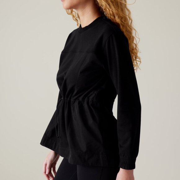 Like New Athleta Black Crew Neck Cinched Lightweight Peplum Sweatshirt M - Picture 2 of 12